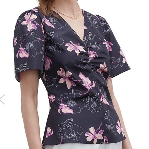 CLUB Monaco NWT Ruched Flutter Sleeve Top floral career shirt sz small - Picture 1 of 12